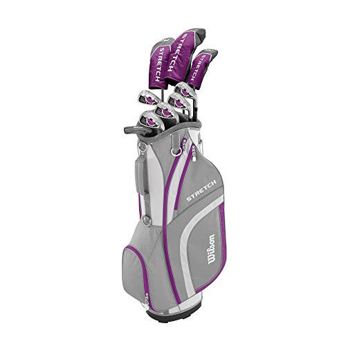 Wilson, Set completo para principiantes, 9 palos de golf con carro, Mujer (mano izquierda) Stretch XL, Blanco/Gris/Violeta, WGG157556