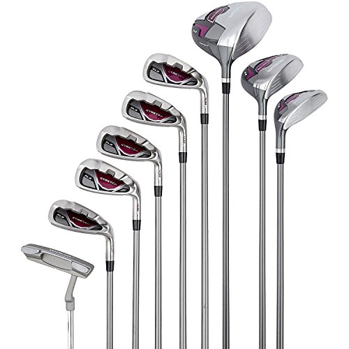 Wilson, Set completo para principiantes, 9 palos de golf con carro, Mujer (mano izquierda) Stretch XL, Blanco/Gris/Violeta, WGG157556