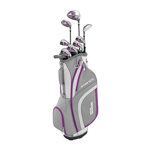 Wilson, Set completo para principiantes, 9 palos de golf con carro, Mujer (mano izquierda) Stretch XL, Blanco/Gris/Violeta, WGG157556