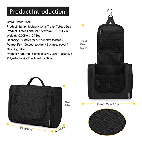 Wind Took Neceser Maquillaje Neceser de Viaje con Colgar Neceser Hombre Bolsas de Aseo Neceser Mujer cosméticos Organizador Accesorios de baño Negro