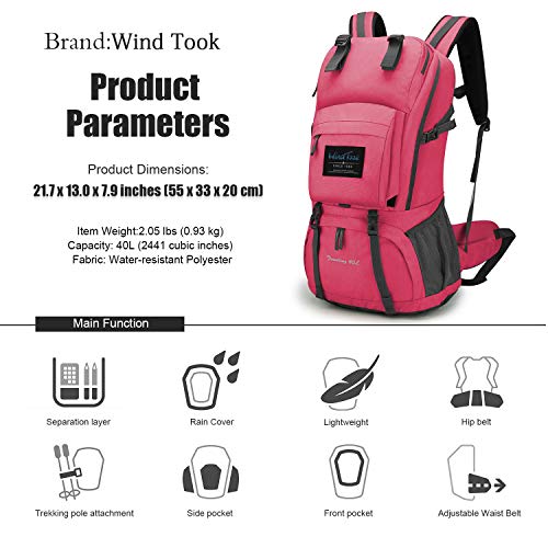 WindTook Mochilas Trekking 40 litros Mochilas de Senderismo Mochilas Mujer Impermeable Gran Capacidad para Mochila montaña Mochila de Marcha Trekking Camping Deporte al Aire Libre 55x33x20-Rosa