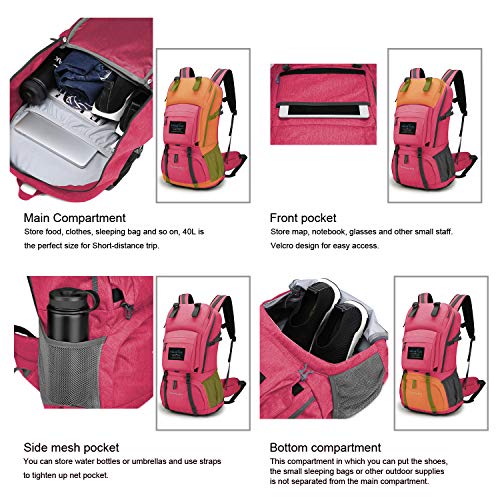 WindTook Mochilas Trekking 40 litros Mochilas de Senderismo Mochilas Mujer Impermeable Gran Capacidad para Mochila montaña Mochila de Marcha Trekking Camping Deporte al Aire Libre 55x33x20-Rosa