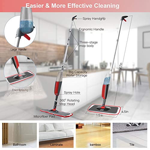 Winpok Mopa con Pulverizador, Spray Mop Función de Pulverización Mopa Pulverizador Giro de 360°, para Limpia Seca y Húmeda para Suelos Laminados, Azulejo y de Madera