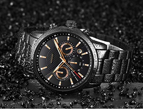 WISHDOIT Relojes Hombre Impermeable Deportes Cuarzo Analógico Cronógrafo Reloj de Vestir Moda Negro Esfera Grande con Plata Acero Inoxidable Correa