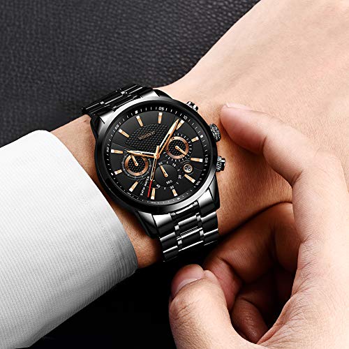 WISHDOIT Relojes Hombre Impermeable Deportes Cuarzo Analógico Cronógrafo Reloj de Vestir Moda Negro Esfera Grande con Plata Acero Inoxidable Correa WISHDOIT Relojes Hombre Impermeable Deportes Cuarzo Analógico Cronógrafo Reloj de Vestir Moda Negro Esfera Grande con Plata Acero Inoxidable Correa