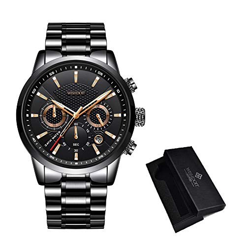 WISHDOIT Relojes Hombre Impermeable Deportes Cuarzo Analógico Cronógrafo Reloj de Vestir Moda Negro Esfera Grande con Plata Acero Inoxidable Correa