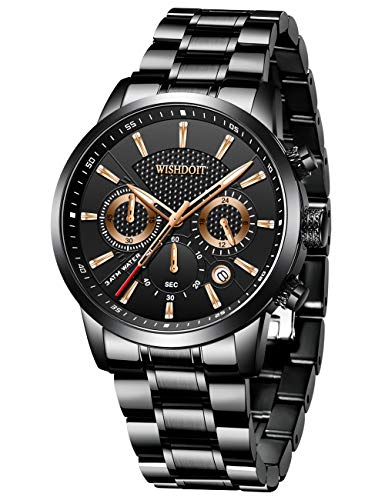 WISHDOIT Relojes Hombre Impermeable Deportes Cuarzo Analógico Cronógrafo Reloj de Vestir Moda Negro Esfera Grande con Plata Acero Inoxidable Correa