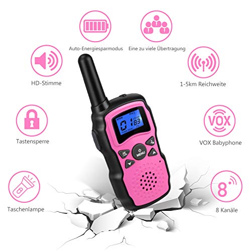 Wishouse Rosado Walkie Talkie Niños Recargable,Portátil Walkie-Talkie Largo Alcance con Cordones Bateria 2X3000mAh Cargador USB,Juguetes de Camping con Linterna,Navidad Cumpleaños Regalos para Chicas