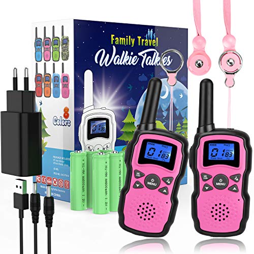 Wishouse Rosado Walkie Talkie Niños Recargable,Portátil Walkie-Talkie Largo Alcance con Cordones Bateria 2X3000mAh Cargador USB,Juguetes de Camping con Linterna,Navidad Cumpleaños Regalos para Chicas