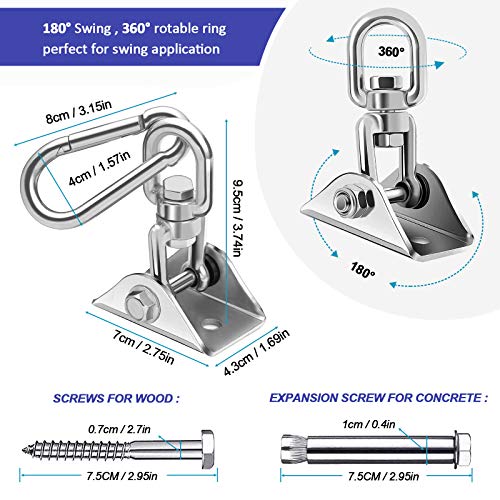 Wodasi Gancho de Techo, Ganchos de Techo SUS304 Stainless Steel Tarea Pesada 360° Rotate Anclaje de Techo para Colgar Hamaca Columpio, Sillon Colgante y Saco Boxeo Capacidad 450Kg