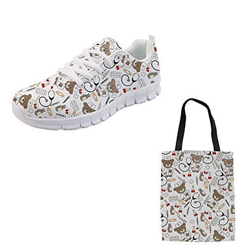 Woisttop Doctor Bear Print Casual Running Jogging Shoes y Bolsa de Compras Reutilizable, Bolsa de Lona, ​​Bolso de Mano para Mujeres y niñas