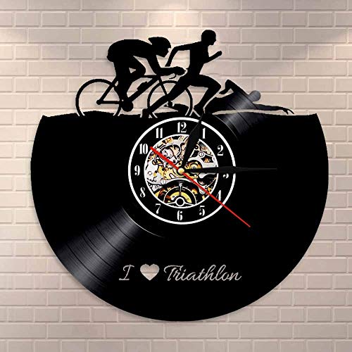 wojinbao LED Reloj de Vinilo para Ciclismo de natación, Regalo de Pareja Deportivo Hecho a Mano, Reloj de Pared de triatlón para decoración del hogar de Atleta Retro