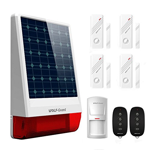 Wolf-Guard Sistema de Alarma de Seguridad Para el Hogar DIY LB-W06 Sirena Antirrobo Solar Para Exteriores, Con Detector De Movimiento PIR, Sensor de Ventana de Puerta y Control Remoto, 120dB