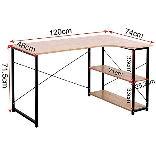 WOLTU Escritorio de Computadora Esquinero Muebles de Oficina Mesa de PC Mesa de Oficina Ordenador con Diseño Industrial, Madera y Acero con 2 Estante 120x74x71,5cm Roble/Negro TSB06hei