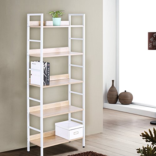 WOLTU Estantería con 5 Escalera Esquina Estante de Almacenamianto de Madera Acero Roble Claro+ Blanco 60x27,5x160cm RGB9303hei WOLTU Estantería con 5 Escalera Esquina Estante de Almacenamianto de Madera Acero Roble Claro+ Blanco 60x27,5x160cm RGB9303hei