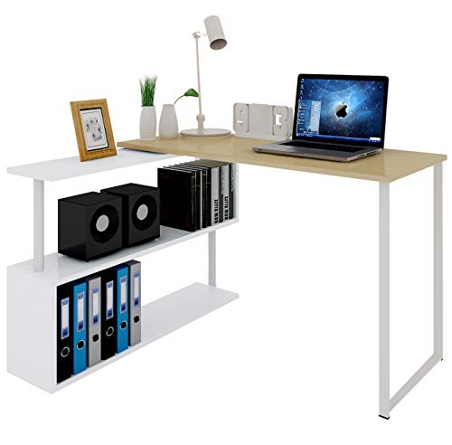 WOLTU Mesa de Ordenador Escritorio Puede Girar el Angulo Mesa de Trabajo PC Mesa Portátil con Estantes 120x100x74cm (WxDxH) MDF Roble Claro TS65hei