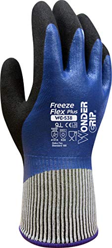 Wonder Grip WG-538 Freeze Flex Plus - Guante de trabajo resistente al aceite con anticongelante y triples nitrilo; guantes antideslizantes para un agarre seguro; L/09, azul,