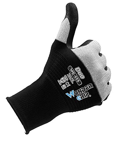 Wonder Grip WG-555 Duo, Guante de trabajo con material de nylon en la parte posterior de la mano, revestimiento de nitrilo; Tejer técnica, guantes de seguridad para un agarre seguro L/09, gris y negro