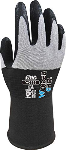 Wonder Grip WG-555 Duo, Guante de trabajo con material de nylon en la parte posterior de la mano, revestimiento de nitrilo; Tejer técnica, guantes de seguridad para un agarre seguro L/09, gris y negro