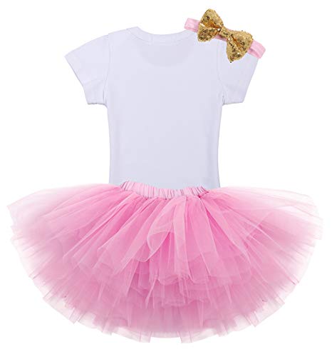 WonderBabe - Traje De Primer Cumpleaños para Niña Pequeña Patrón De Corona Mono Blanco De Manga Corta Top Malla Gasa Tutú Conjunto De Fiesta Edad 12 Meses