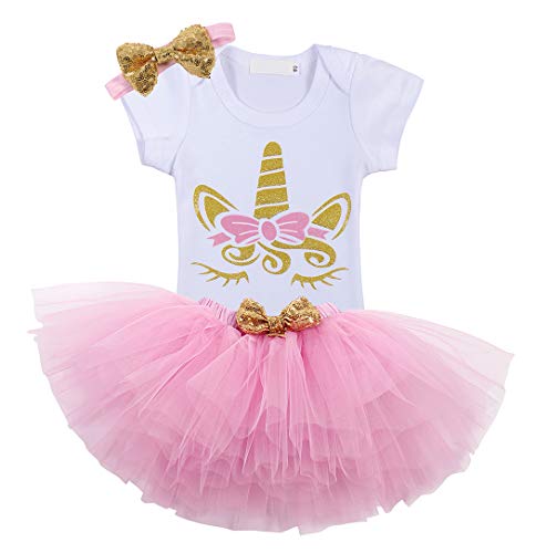 WonderBabe - Traje De Primer Cumpleaños para Niña Pequeña Patrón De Corona Mono Blanco De Manga Corta Top Malla Gasa Tutú Conjunto De Fiesta Edad 12 Meses