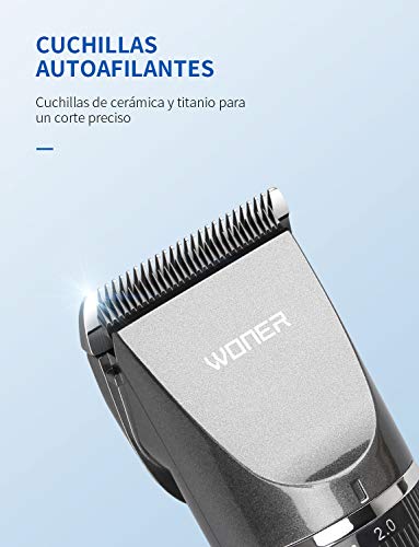 WONER Cortapelos Profesional Hombre Recargable Motor Silencioso Cuchilla Cerámica, Máquina Cortar Pelo Inalámbrico Batería 2000mAh, Recortador Pelo Barba Kit Familia WONER Cortapelos Profesional Hombre Recargable Motor Silencioso Cuchilla Cerámica, Máquina Cortar Pelo Inalámbrico Batería 2000mAh, Recortador Pelo Barba Kit Familia