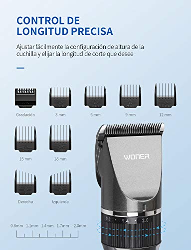 WONER Cortapelos Profesional Hombre Recargable Motor Silencioso Cuchilla Cerámica, Máquina Cortar Pelo Inalámbrico Batería 2000mAh, Recortador Pelo Barba Kit Familia