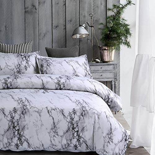 WONGS BEDDING Ropa de Cama de Mármol Blanco Funda Nórdica Grande 3 Piezas Moderno Reversible Gris Impreso Microfibra Edredón Ropa de Cama Conjunto Cierre de Cremallera 220x230 cm