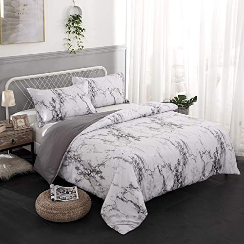 WONGS BEDDING Ropa de Cama de Mármol Blanco Funda Nórdica Grande 3 Piezas Moderno Reversible Gris Impreso Microfibra Edredón Ropa de Cama Conjunto Cierre de Cremallera 220x230 cm