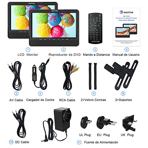 WONNIE 10.1" Reproductor de DVD Portátil con 2 Pantallas Soporta Tarjeta SD/USB para Reposacabezas de Coche con Mando a Distancia WONNIE 10.1" Reproductor de DVD Portátil con 2 Pantallas Soporta Tarjeta SD/USB para Reposacabezas de Coche con Mando a Distancia