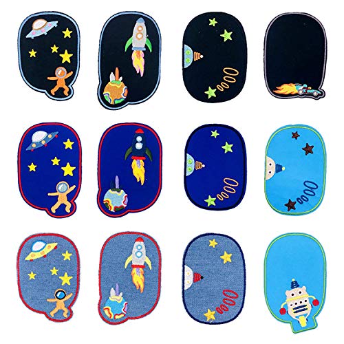 Woohome Patch Sticker, 12 Pz Rodilla Parche Termoadhesivo Algodón de Vaqueros para Planchar con Diseño de Astronauta Espacial, Coser en Chaquetas, Ropa, Bolso, Zapatos