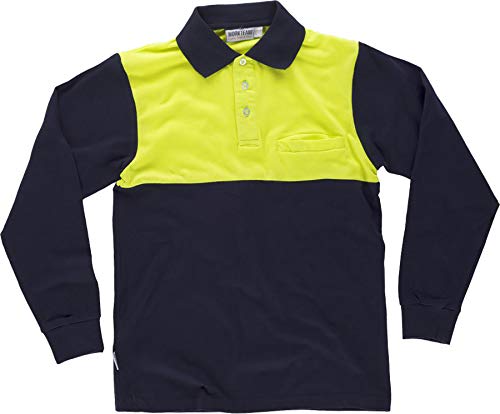 Work Team Polo Manga Larga Alta Visibilidad, con Canesú Combinado, un Bolso de Pecho, 100% Algodón. Hombre Marino+Amarillo A.V. Large Work Team Polo Manga Larga Alta Visibilidad, con Canesú Combinado, un Bolso de Pecho, 100% Algodón. Hombre Marino+Amarillo A.V. Large