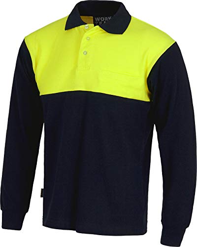 Work Team Polo Manga Larga Alta Visibilidad, con Canesú Combinado, un Bolso de Pecho, 100% Algodón. Hombre Marino+Amarillo A.V. Large Work Team Polo Manga Larga Alta Visibilidad, con Canesú Combinado, un Bolso de Pecho, 100% Algodón. Hombre Marino+Amarillo A.V. Large