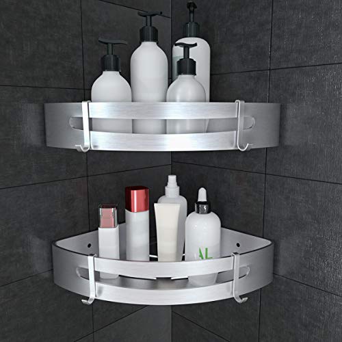 WOSTOO Estantería de Esquina para Baño,Estantería Ducha sin Perforaciones Aluminio Estanteria Baño Ducha con 2 Ganchos Accesorios de Baño y Cocina -2 piezas