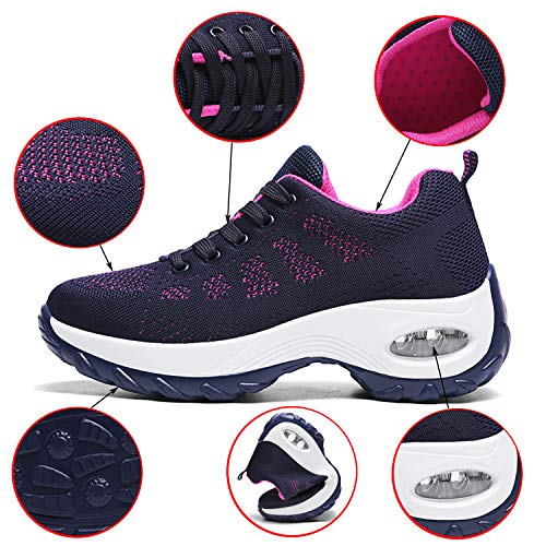 WOWEI Zapatillas Deportivas de Mujer Ligero Respirable Running Sneakers Mesh Plataforma Mocasines Zapatos de Cuña,Azul,42 EU