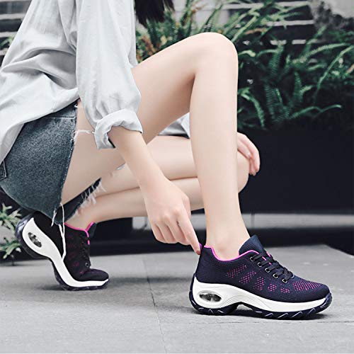 WOWEI Zapatillas Deportivas de Mujer Ligero Respirable Running Sneakers Mesh Plataforma Mocasines Zapatos de Cuña,Azul,42 EU