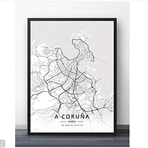 WTHKL A Coruña Badajoz Bilbao Granada Huelva España Mapa Pintura póster Impresiones Lienzo Cuadro de Pared para la decoración de la habitación del hogar -50x70 Cm sin Marco