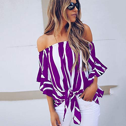 Wtouhe -Camisa de Hombro frío de Las Mujeres Corbata Floral Camisa de Gasa Delantera Tops de Manga de Trompeta Estampado de Moda de Trompeta con Nudos- para Mujer