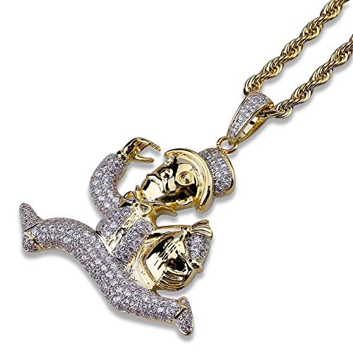 WTZWY Collar Colgante de Personalidad para Hombre Hip Hop Iced out Running Doll, Chapado en Oro de 18 Quilates Diamante simulado Totalmente Micro pavimentado, Cadena de Acero Inoxidable