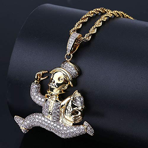 WTZWY Collar Colgante de Personalidad para Hombre Hip Hop Iced out Running Doll, Chapado en Oro de 18 Quilates Diamante simulado Totalmente Micro pavimentado, Cadena de Acero Inoxidable