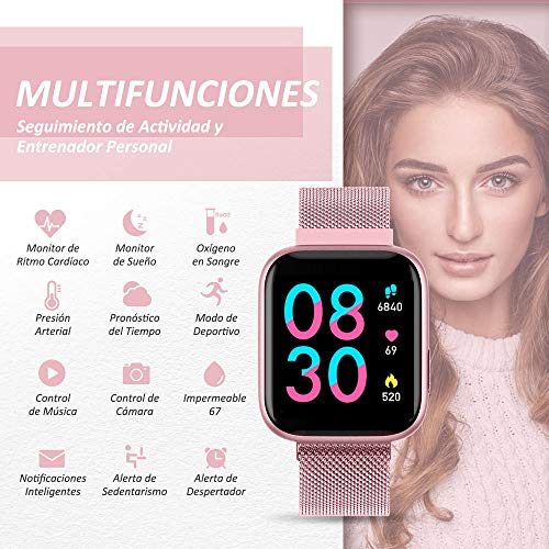 WWDOLL Smartwatch, Reloj Inteligente IP67 con Monitor Rítmo Cardíaco Sueño Podómetro Notificaciones, Reloj Deportivo 1.4 Inch Pantalla Táctil Completa Mujer para iOS y Android (Rosa)