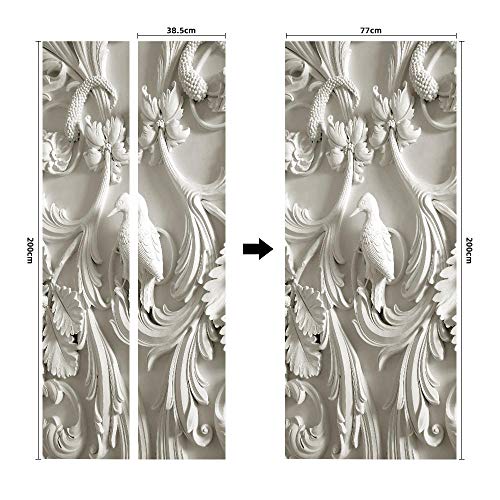 WXhGY Murales para Puertas 3D Pájaro De Vid Tallado Papel Pintado Puertas Autoadhesivo Impermeable Puertas Pegatinas Decorativos para Puerta Cocina Salón Dormitorio Cuarto de Baño 77x200cm