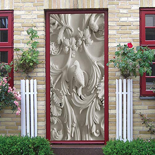 WXhGY Murales para Puertas 3D Pájaro De Vid Tallado Papel Pintado Puertas Autoadhesivo Impermeable Puertas Pegatinas Decorativos para Puerta Cocina Salón Dormitorio Cuarto de Baño 77x200cm