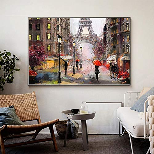 wZUN Ciudad romántica peatonal París Torre Eiffel Paisaje Pintura al óleo Abstracta Cartel Impreso en Lienzo Cuadro de Pared de la Sala de Estar 50x75cm