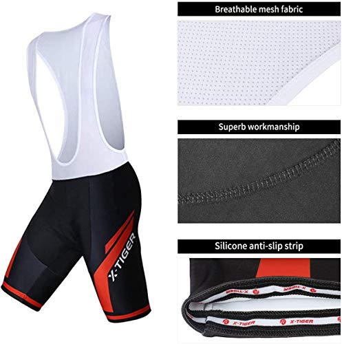 X-TIGER Ciclismo Maillots para Hombres con Tirantes Manga Corta Transpirable Secado Rápido con 5D Acolchado Gel Culotes Culotte Pantalones Cortos (Rojo,3XL)