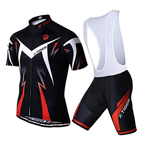 X-TIGER Ciclismo Maillots para Hombres con Tirantes Manga Corta Transpirable Secado Rápido con 5D Acolchado Gel Culotes Culotte Pantalones Cortos (Rojo,3XL)