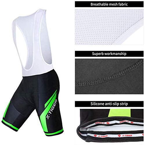 X-TIGER Ciclismo Maillots para Hombres con Tirantes Manga Corta Transpirable Secado Rápido con 5D Acolchado Gel Culotes Culotte Pantalones Cortos (verde,2XL)