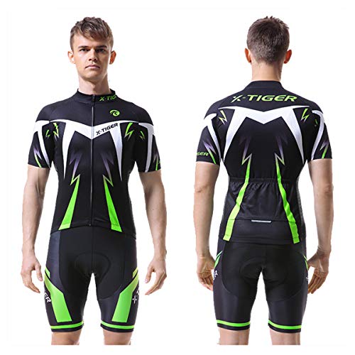 X-TIGER Ciclismo Maillots para Hombres con Tirantes Manga Corta Transpirable Secado Rápido con 5D Acolchado Gel Culotes Culotte Pantalones Cortos (verde,2XL)