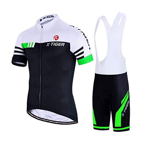 X-TIGER Hombres de Bicicleta con 5D Gel Acolchado MTB Ciclismo Tirantes Culotte Pantalones Cortos Culotes (3XL, Verde y Blanco)