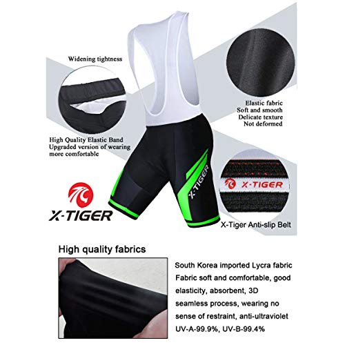 X-TIGER Hombres de Bicicleta con 5D Gel Acolchado MTB Ciclismo Tirantes Culotte Pantalones Cortos Culotes (XXL=XL(EU), Verde Culotte Pantalones)